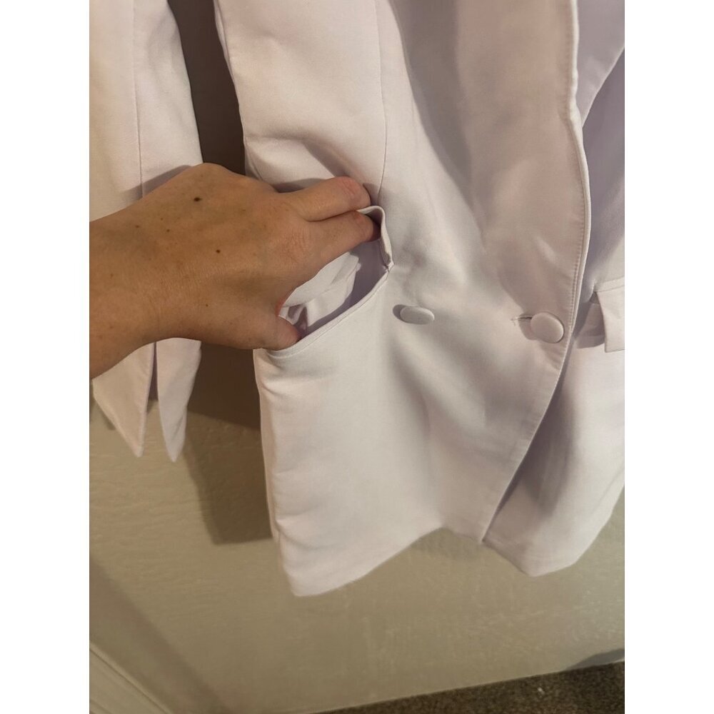 Y Lichi White Cotton Two Button Plunge V Neck Long Blazer Professional Dress - Picture 5 of 14